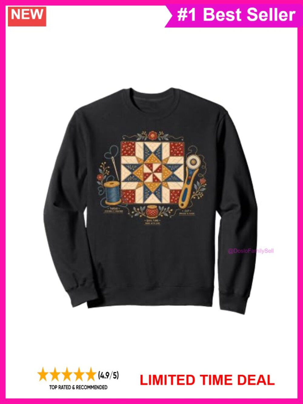 Quilting Sewing Motifs Graphic Crewneck Sweatshirt Pullover Cotton Blend